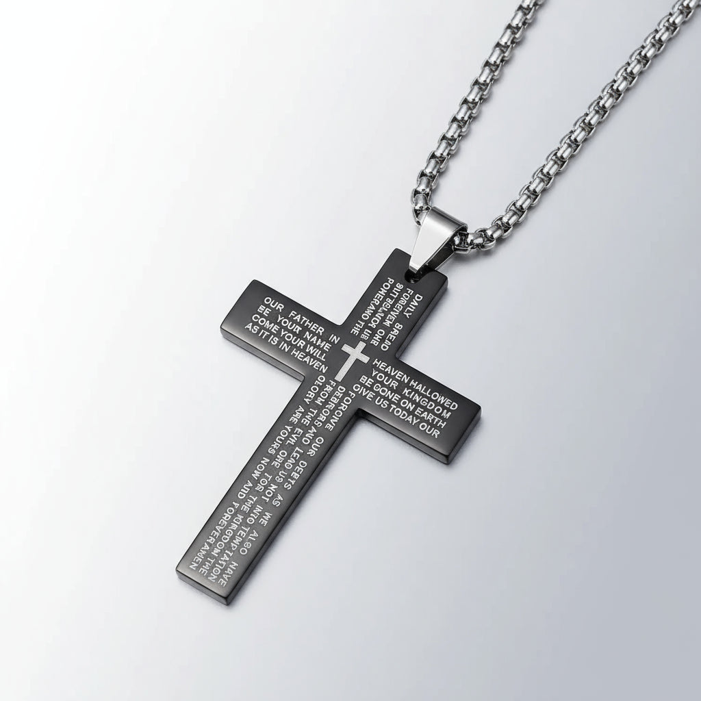 Cross Necklace Engraved with The Lords Prayer